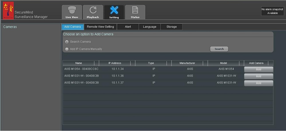 Camera Search screen in the SecureMind Surveillance Manager software