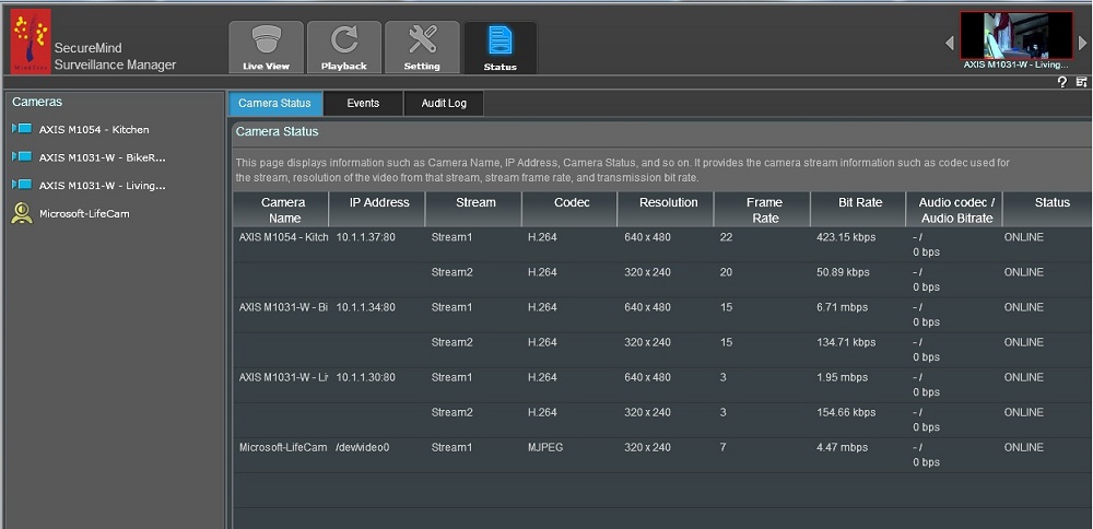 Status page of the SecureMind Surveillance Manager software Status page of the SecureMind Surveillance Manager software