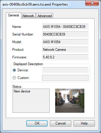 AXIS Camera Management software Camera Properties display
