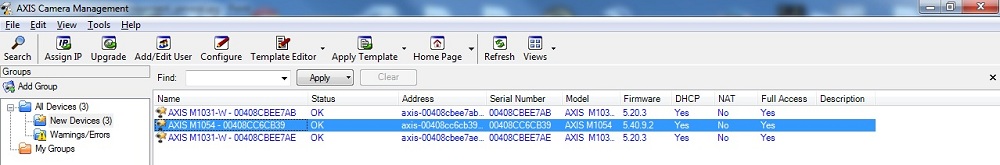 AXIS Camera Management software main page AXIS Camera Management software main page