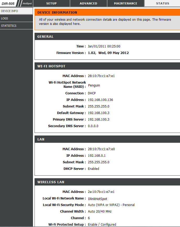 Wi-Fi HotSpot configuration summary