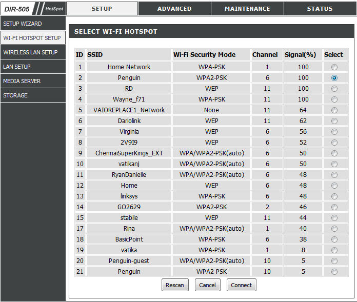 Select Wi-Fi HotSpot site survey screen