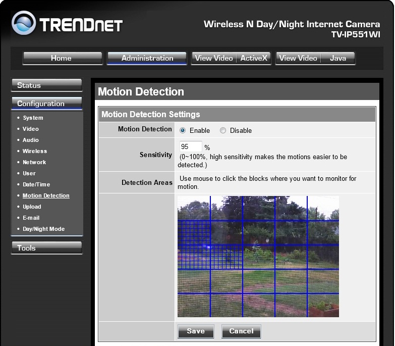 Motion detection screen of the TRENDnet TV-IP572PI