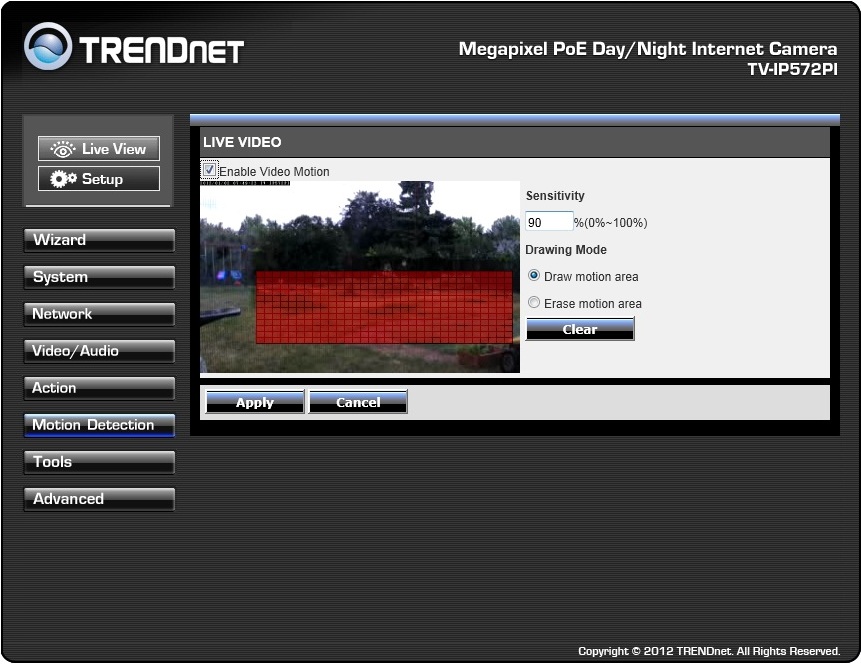 Motion detection screen of the TRENDnet TV-IP572PI