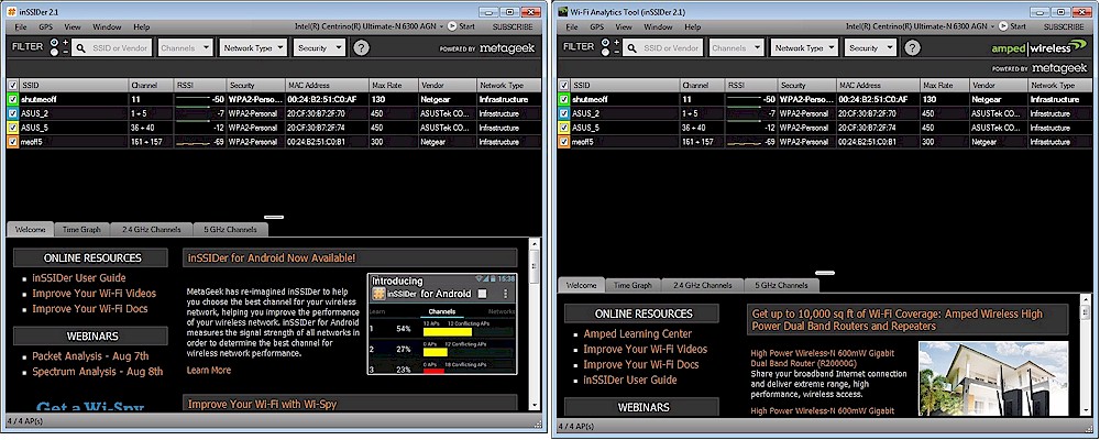 inSSIDer and Amped Wi-Fi Analytics Tool compared- Windows