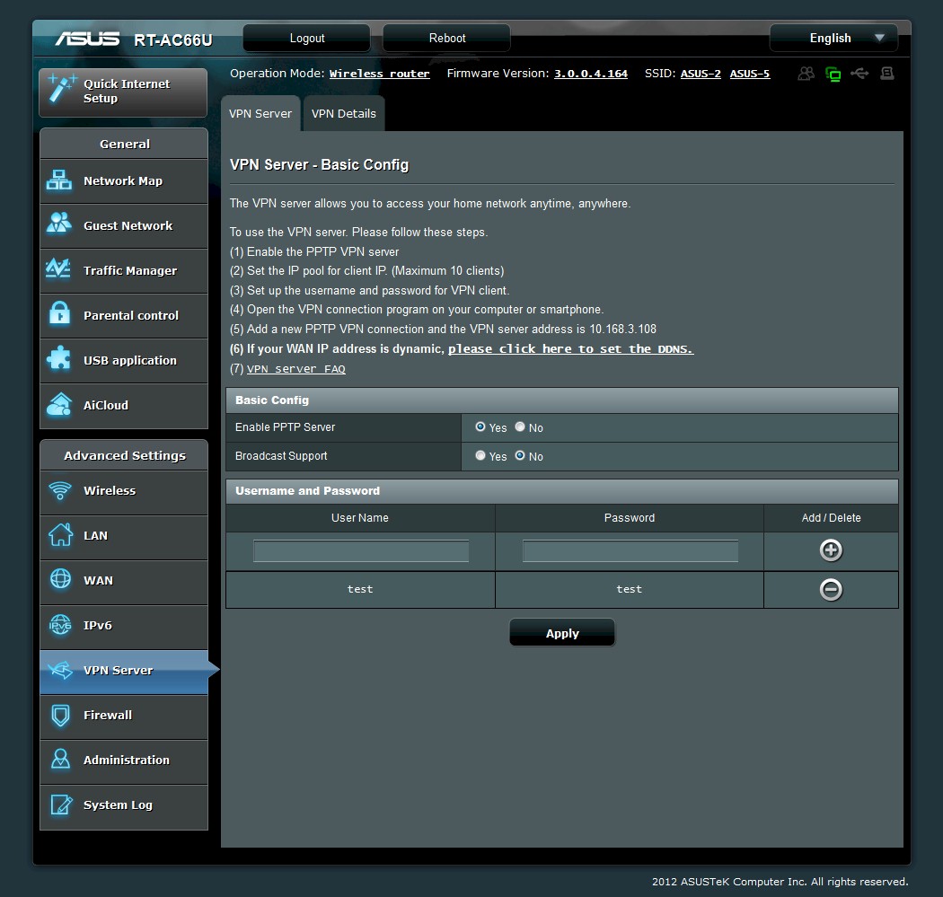 ASUS RT-AC66U PPTP server settings