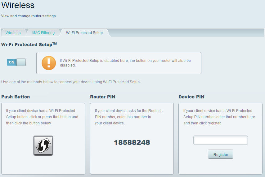 Wi-Fi Protected Setup options