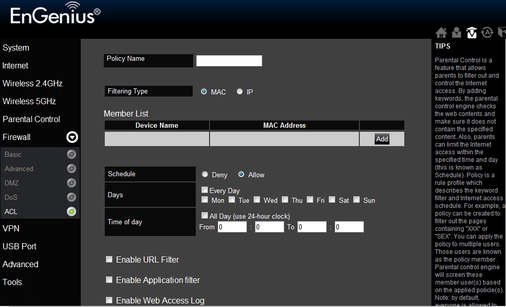 ESR750H Parental Control Add Policy screen ESR750H Parental Control Add Policy screen