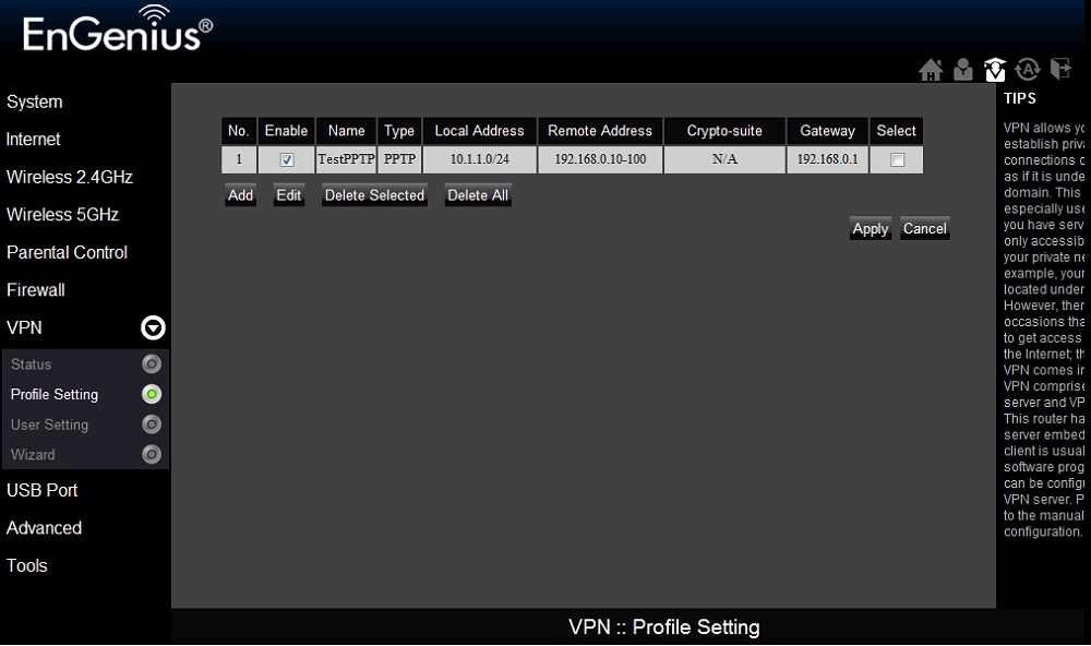 ESR750H VPN Profile Setting screen