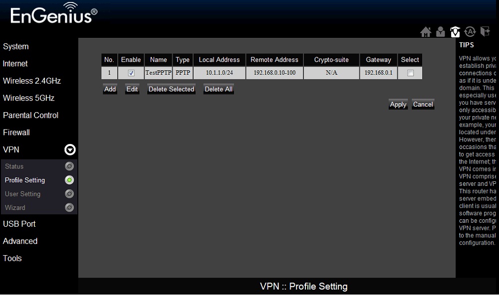 ESR750H VPN Profile Setting screen ESR750H VPN Profile Setting screen