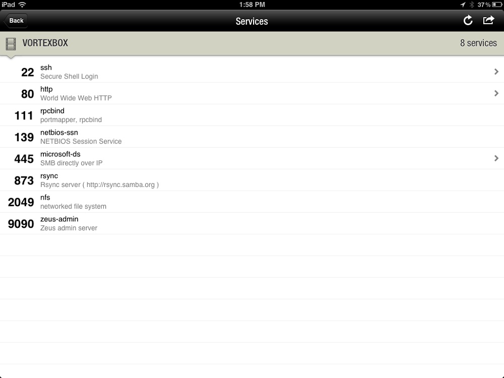 Results of a port scan within the Fing mobile interface Results of a port scan within the Fing mobile interface