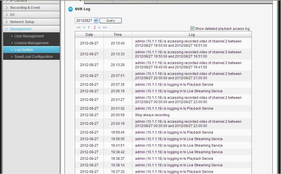 Log entries of the ReadyNAS Surveillance Log entries of the ReadyNAS Surveillance