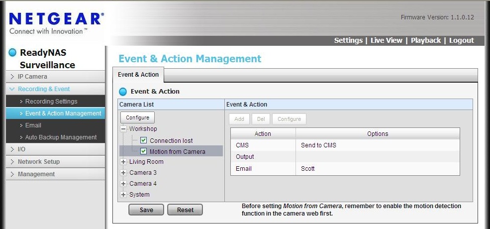Event & Action Management screen of the ReadyNAS Surveillance
