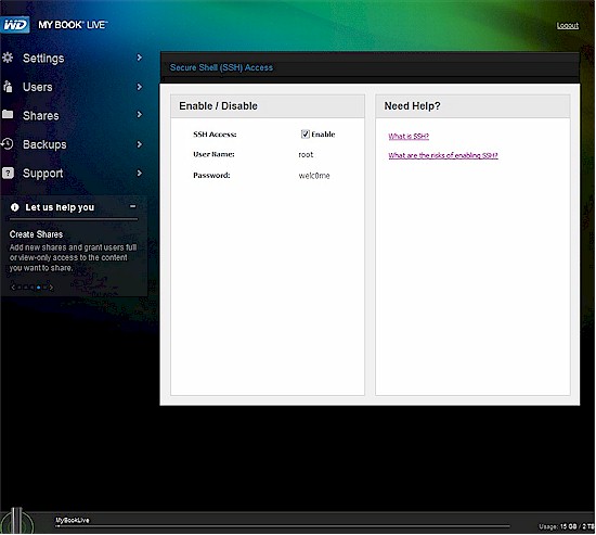 WD My Book Live Hidden SSH enable