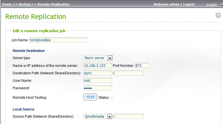 QNAP Remote Replication settings to access the My Book Live rsync target