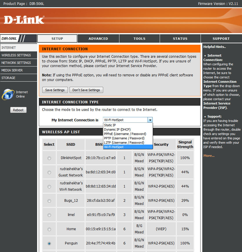 Figure 6: When you change your internet connection to Wi-Fi HotSpot, the DIR-506L scans for wireless networks.