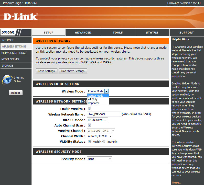 Figure 5: Three of the mode options are available from the manual wireless settings menu