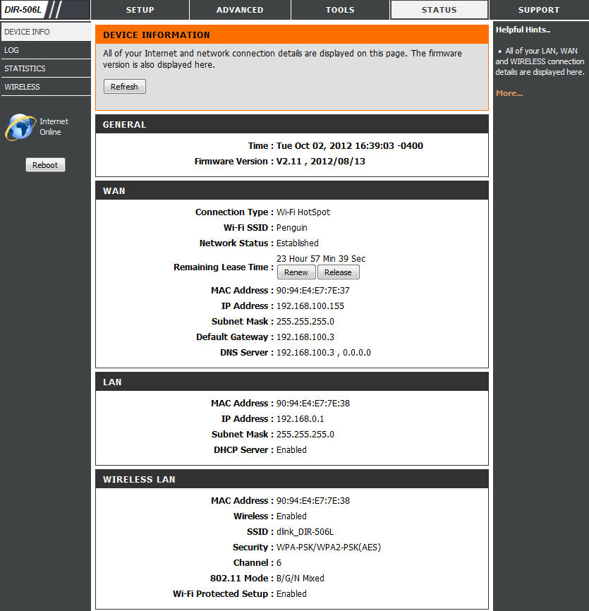 Figure 7: The DIR-506L is now configured as a router using my wireless network, Penguin, as its WAN connection.