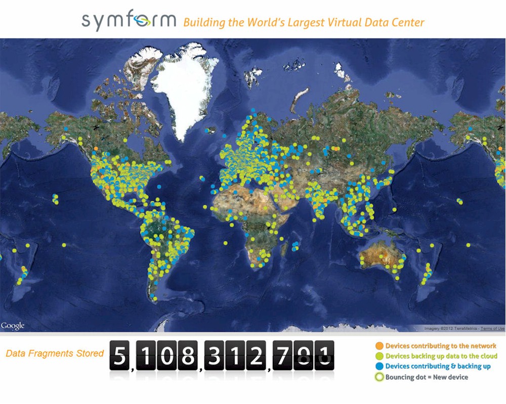 The Symform data center has a map showing the status of devices worldwide