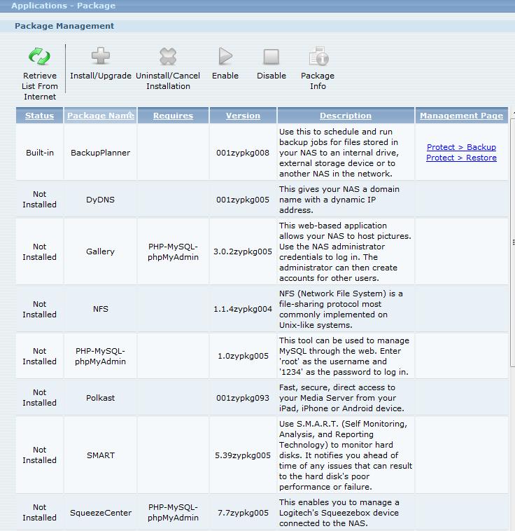 Packages add additional features to your NSA325