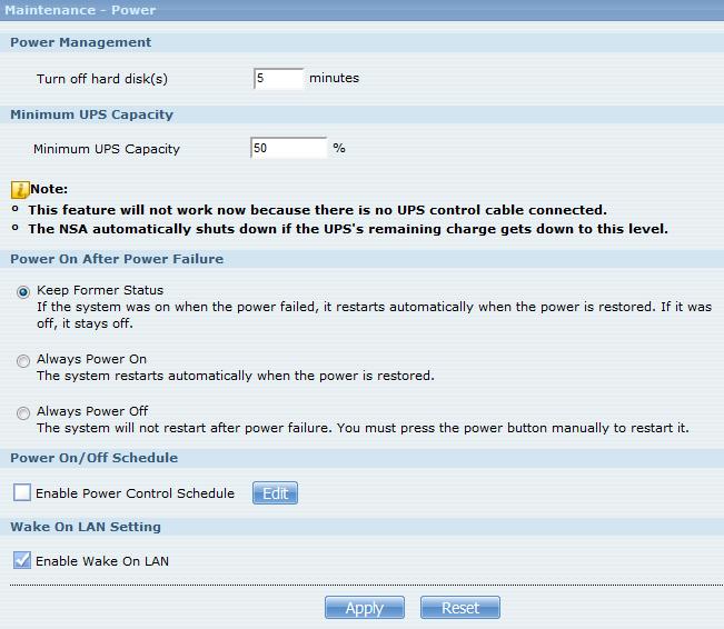 Zyxel NSA 325 Power Management