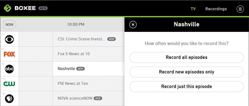 Boxee TV recording options