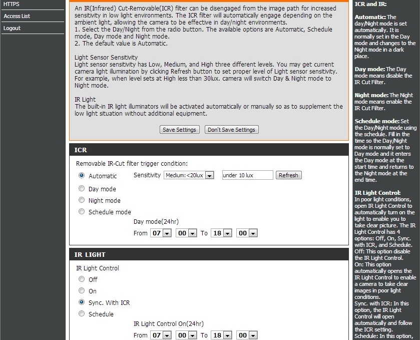 D-Link DCS-2310L Light settings tab