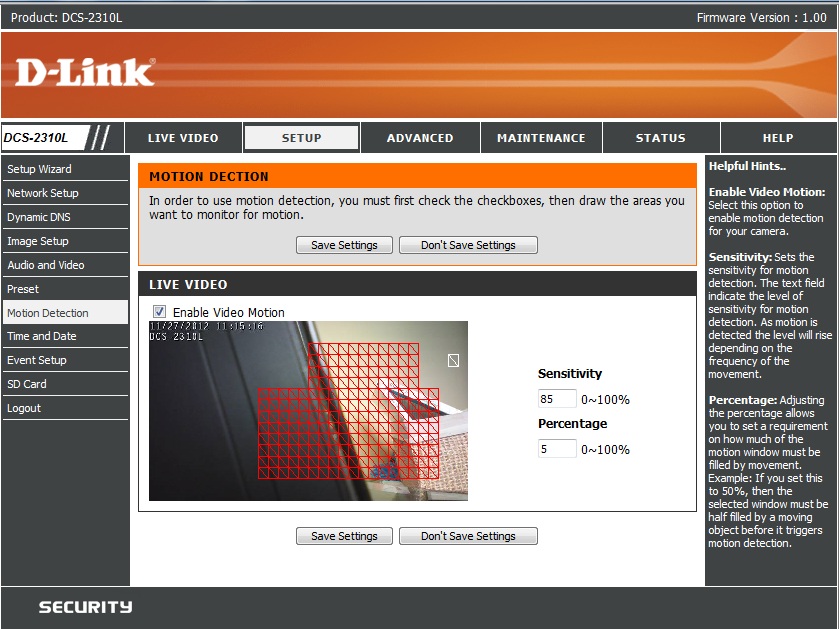 D-Link DCS-2310L Motion Detection draw area D-Link DCS-2310L Motion Detection draw area