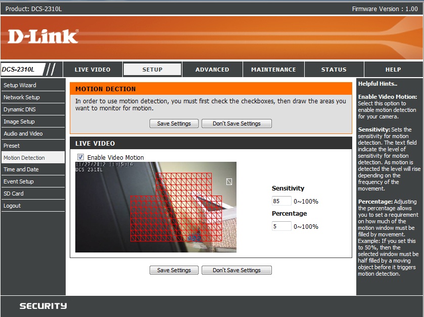 D-Link DCS-2310L Motion Detection draw area