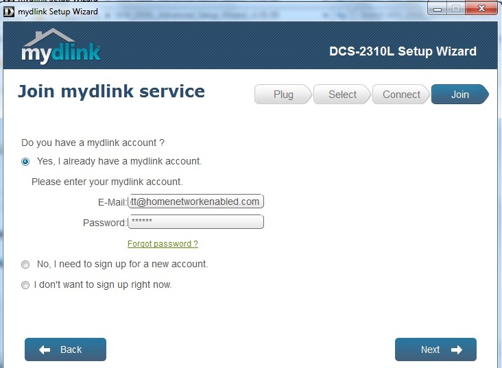 D-Link DCS-2310L mydlink setup screen