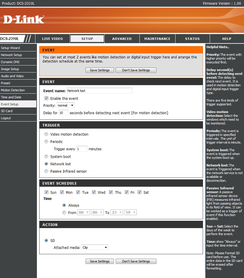 D-Link DCS-2310L Network Lost configuration