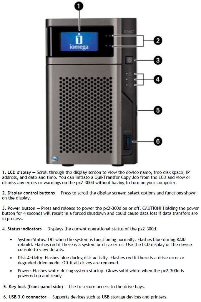 Iomega px2-300d front panel callouts