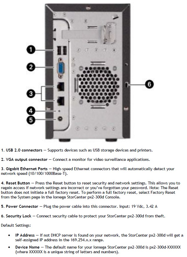 Iomega px2-300d rear panel callouts