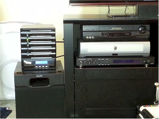Thecus N5550 size comparison to our subwoofer and TiVo HTPC