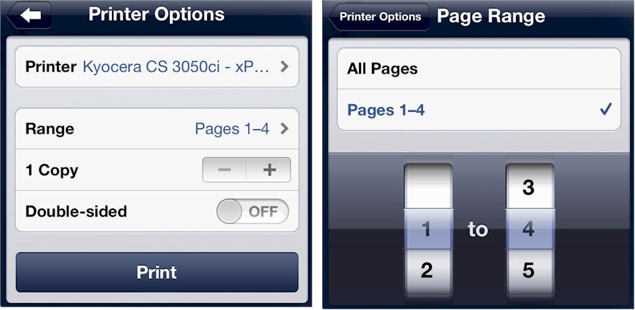 Kyocera CS 3050ci Printer Options and Page Range on iPad Kyocera CS 3050ci Printer Options and Page Range on iPad