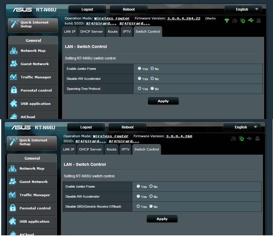Top: Merlin firmware (no GRO option), Bottom: ASUS firmware Top: Merlin firmware (no GRO option), Bottom: ASUS firmware