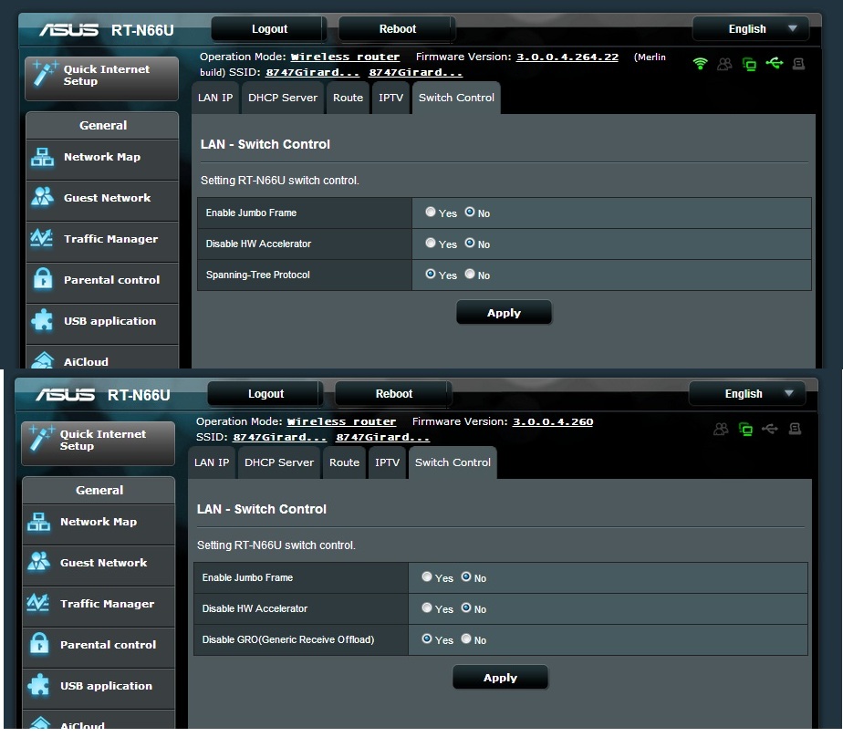 Top: Merlin firmware (no GRO option), Bottom: ASUS firmware