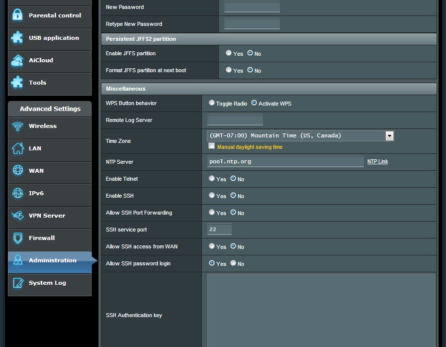 JFFS partition and SSH options JFFS partition and SSH options