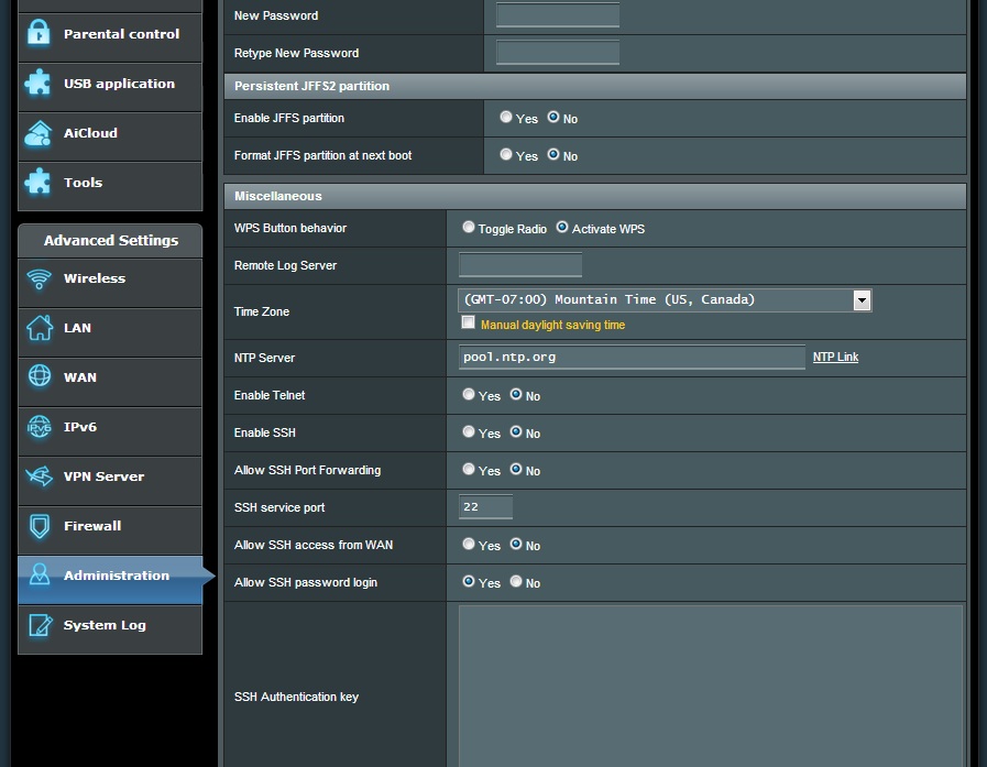 JFFS partition and SSH options