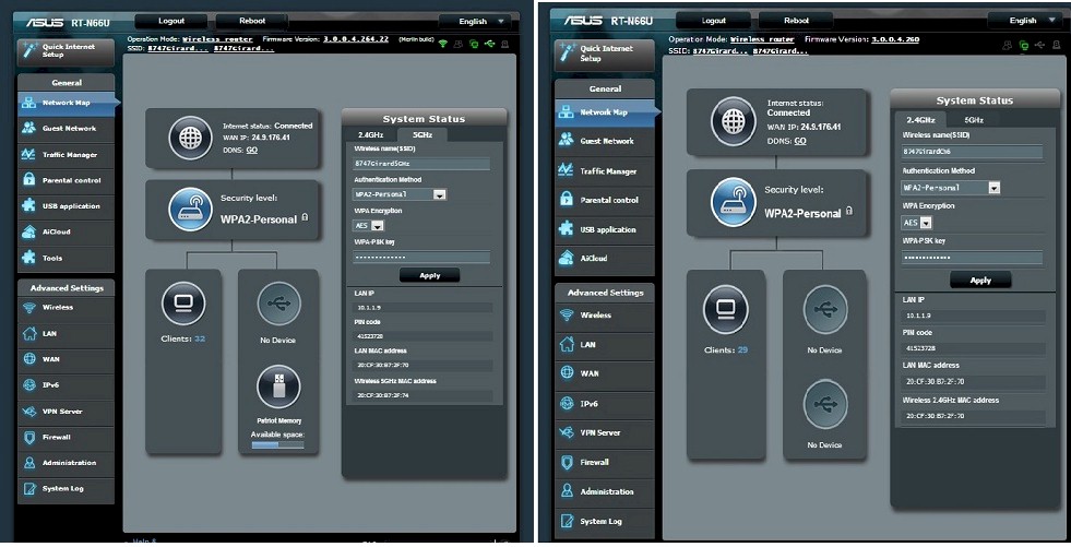 Left: ASUSWRT -Merlin firmware, Right: Standard ASUSWRT firmware Left: ASUSWRT -Merlin firmware, Right: Standard ASUSWRT firmware