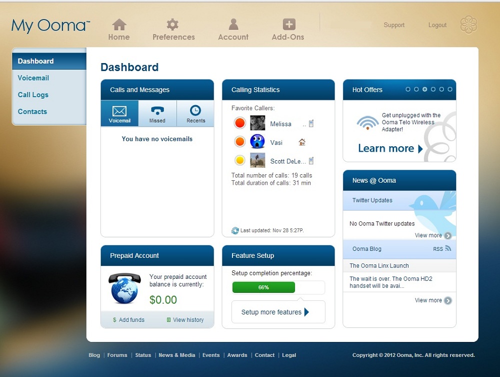 The My Ooma Dashboard
