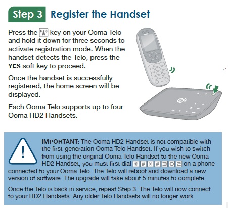 Ooma HD2 handset registration showing button location