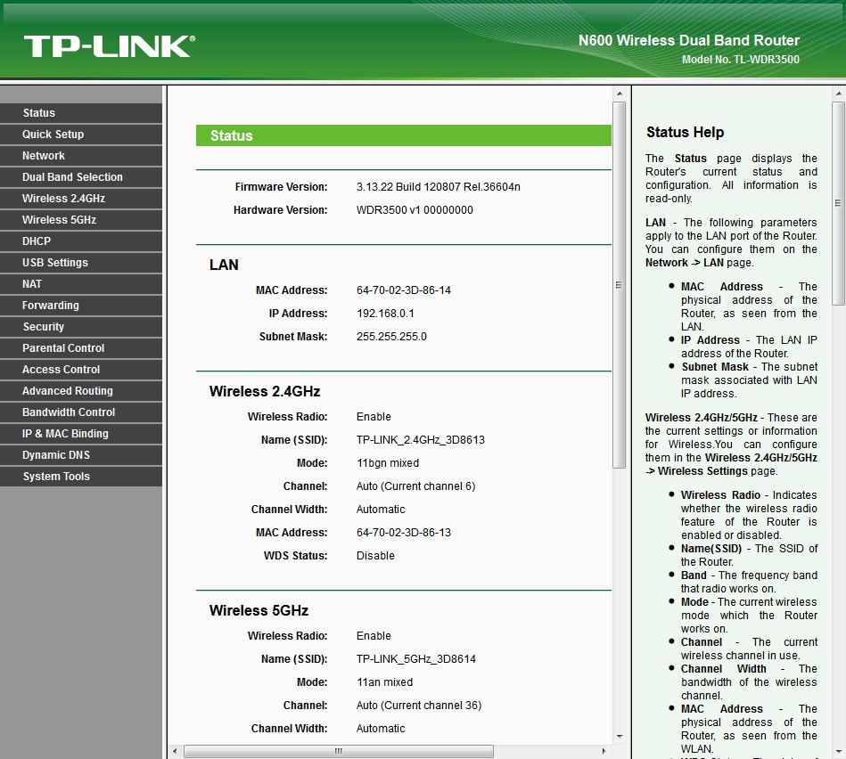 TP-LINK TL-WDR3500 Status page