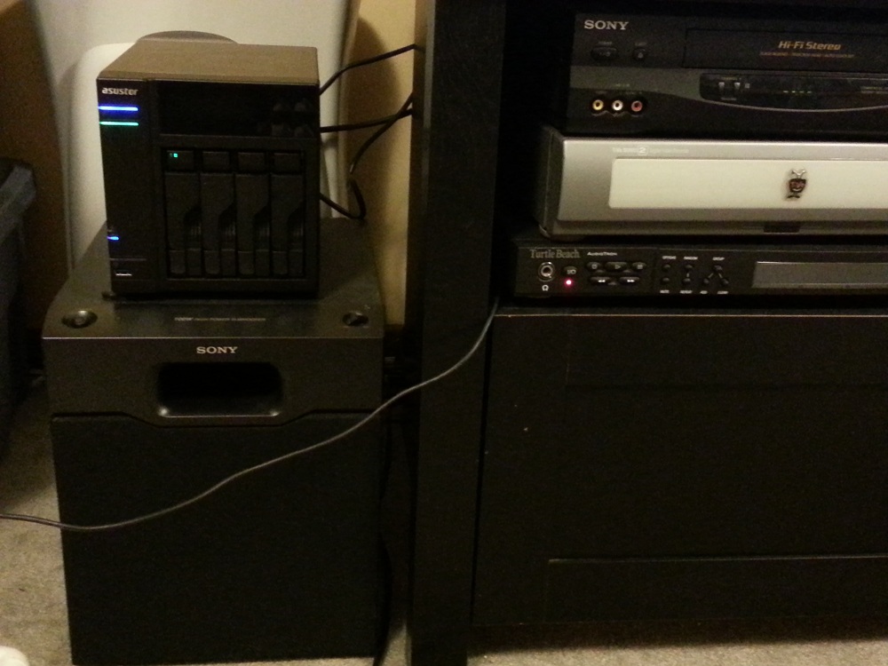 The ASUSTOR on top of our subwoofer The ASUSTOR on top of our subwoofer