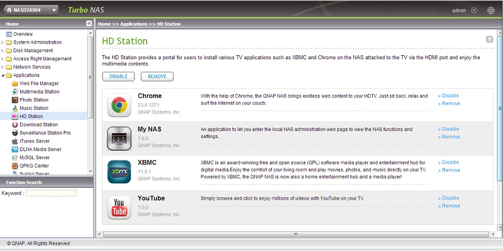QNAP HD Station Apps screen