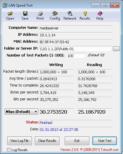 Performance Test using LAN Speed Test from a Wired Machine