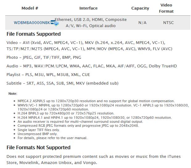 WD TV Play media file format support