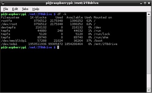 R-Pi NAS filesystem with 2TB drive mounted