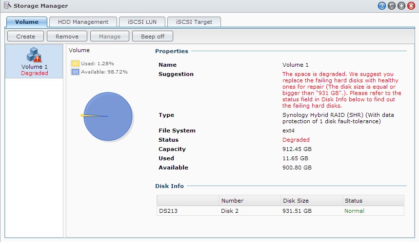 Synology DSM showing degraded volume