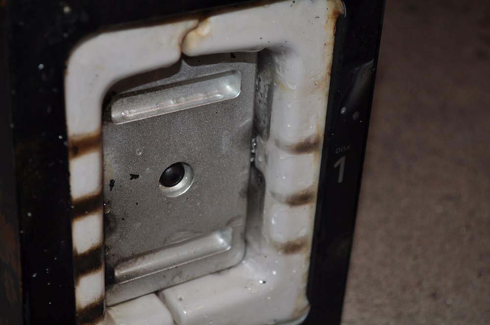 ioSafe N2 outer door removed, showing burn marks